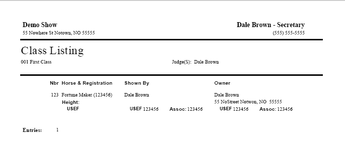 Sample Report - Class Listing