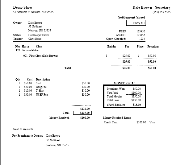 Truck driver settlement sheet